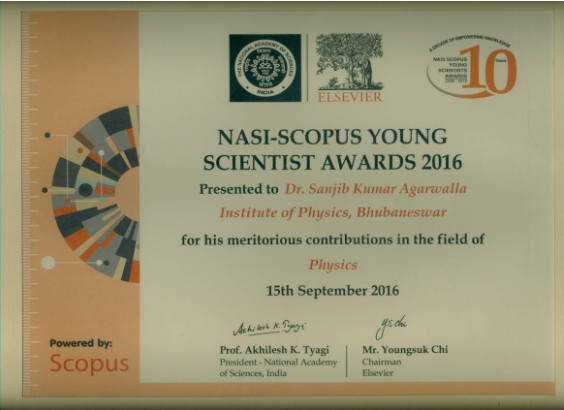 IOP congratulates Dr. S. K. Agarwalla, Reader-F for winning the prestigious NASI Scopus Young Scientist Awards 2016 – Physics category on August 18, 2016.