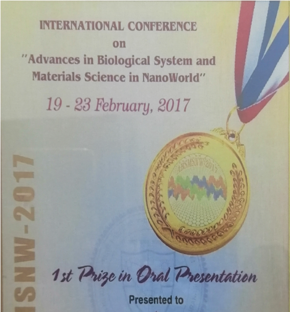 Mr. Ranveer Singh won 1st prize in oral presentation of “Advances in Biological System & Materials Science in Nanoworld” at Internation Conference of ABSMSNW-2017.