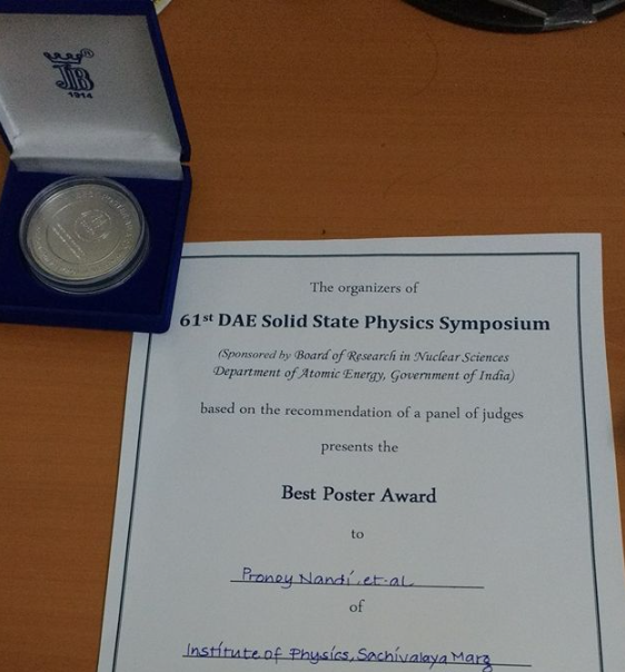 Pronoy Nandi won best poster award in 61st DAE-SSPS for his paper CH3NH3PbI3 based Solar cell: Modified by antisolvent treatment.