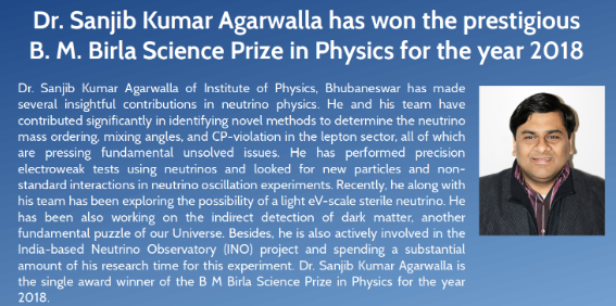 Dr. Sanjib Kumar Agarwalla gets B. M. Birla Science Prize 2018.